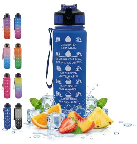 NelQuieOra Borraccia Motivazionale 1L, Bottiglia Acqua con Indicatore del Tempo, Beccuccio a Ribalta, A Prova di Perdite, Laccetto in Tessuto, Palestra Sport Viaggio Scuola – Blu