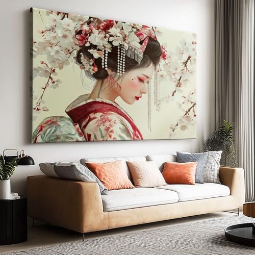 Generico Modern Vardagsrum Bild med Japansk Geisha Körsbärsblommor 140 x 70 cm Canvastryck och Väggdekor, Sovrumsväggaffisch, Fotokonst för Vardagsrum