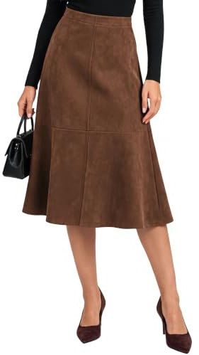 Belle Poque Women's Faux Suede Midi Skirt High Waisted A-Line Skirts | Soft faux suede material, retro autumn winter style, suitable for office, date, and weekend occasions.