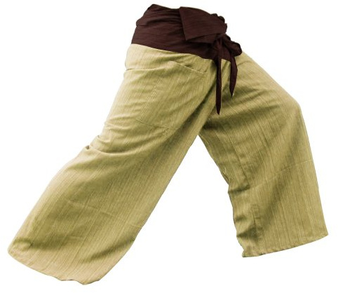kittiya 2 Tone Thai Fisherman Pants Yoga Trousers Free Size Plus Size Cotton Drill Striped Brown