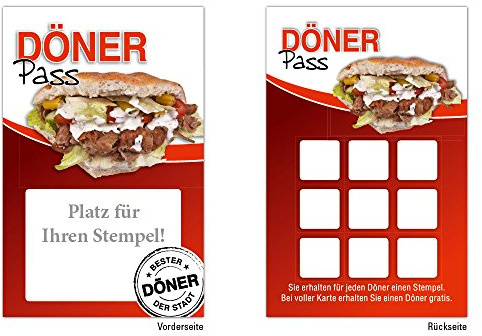 Premium Döner Imbiss Bonuskarten 50 Stk. mit 10 Stempelfeldern. Treuekarten passend für Bereiche wie Gastronomie, Restaurant, Weinhandel, Getränkehandel, Freizeit, Feier, Geschenk, Gaststätte Bäckerei