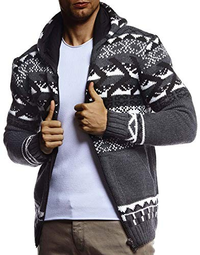 Leif Nelson LN20756 Veste en tricot pour homme avec capuche - Veste d'hiver noire - Veste à capuche chaude - Veste pour homme pour Noël - Motif norvégien - Grosse maille - Coupe ajustée, anthracite, S