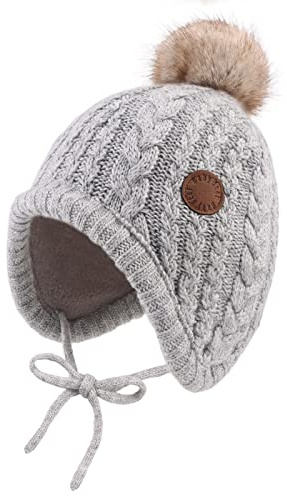 XIAOHAWANG Cappello Invernale per Neonati con Fodera in Velluto per Bambini Beanie per Bambini Earflap Caldi Cappelli per Bambino per Ragazze con Pompon (Grigio, 6-18 Mesi)