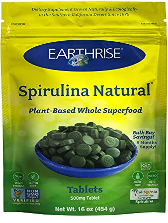 Earthrise Spirulina, Pure Californian Spirulina 500 mg, Vegan, Gluten Free, Keto Friendly, Non -GMO Super Food high in Vitamins & Minerals., 1 LB Tablets (150 Serving)
