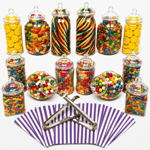 14 Plastic Sweet Jars, 7 Styles, 2 Tongs and 50 Bags. Ideal for Party, Wedding, Sweet Table, Candy Buffet (Purple Candy Stripe Bags)
