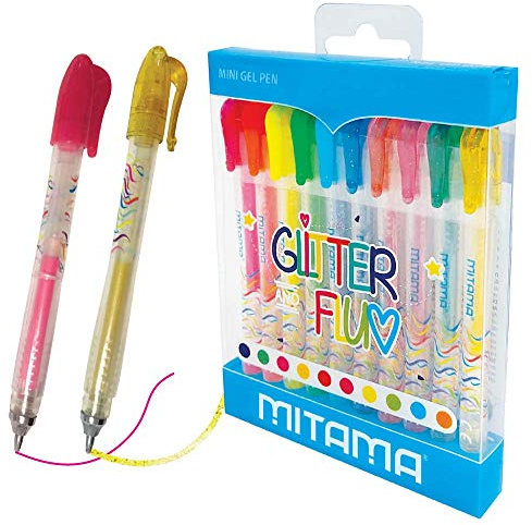 Mitama - Mini bolígrafo de gel con purpurina y neón, 10 unidades, punta de 1 mm con capucha, en Pet Box, multicolor