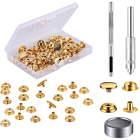 18 Sätze Druckknöpfe Set, Golden Druckknöpfe Metall Druckknopf Set Schraubbar Durable Edelstahl Muttern und Bolzen für Kleidung Leder Handwerk Jacke Jeans Brieftasche Handtasche(15mm)