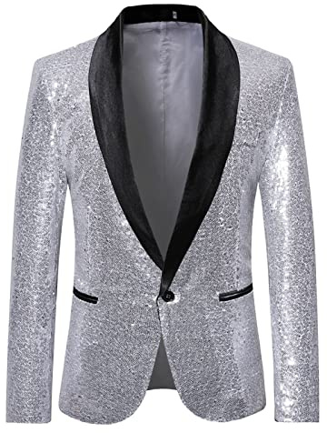 LUCKME Mens Sequin Blazer Shiny Glitter Suit Jacket Casual Smart Notched One Button Regular Fit Floral Suit Blazer Business Work Jackets Silver