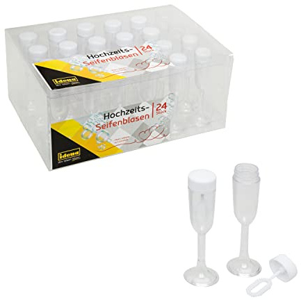 Idena 39143 - Set de bulles de savon Flûtes à champagne, 24 pièces, 5 ml chacune, 9 cm, mariage, jeunes mariés, séance photo, espalier, Saint-Valentin