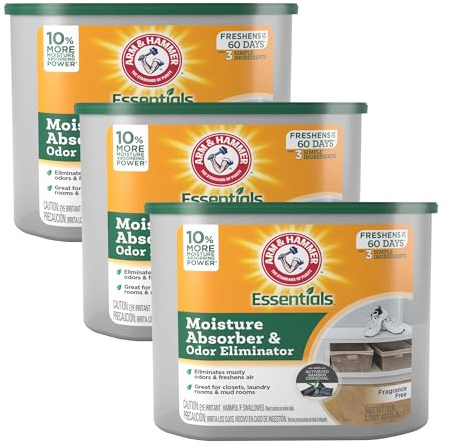 Arm & Hammer Essentials Disposable Moisture Absorber and Odor Eliminator Tub, Fragrance Free, 1 lb., Attracts and Traps Excess Moisture, Ideal Closet Dehumidifier (Pack of 3)