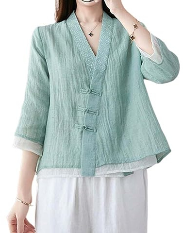 The Princess Bride Hanfu - Blusa holgada de lino, casual, manga 3/4, cuello en V, ropa tradicional china con botones de rana china, verano, A7- Parent, verde, XL