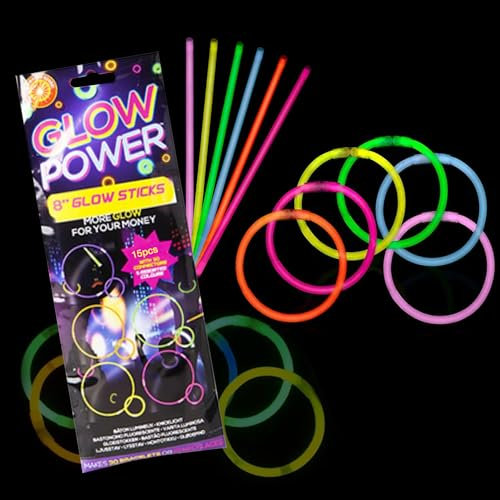 Navoys 15 Piece Set of Glow Sticks -Brightly Coloured Party Sticks For Adults and Children, Neon UV Accessories, 20.3cm / 8, Great for Party Games (15 Pieces, 8'' Glow Sticks)