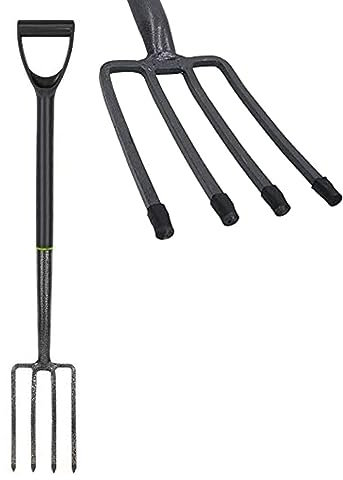 zeeyrak Heavy Duty Garden Fork, Carbon Steel Extra Sharp Digging Fork 4 Tines, Lightweight Ladies Garden Fork Ergonomic Design Grey Border Fork (Garden fork)