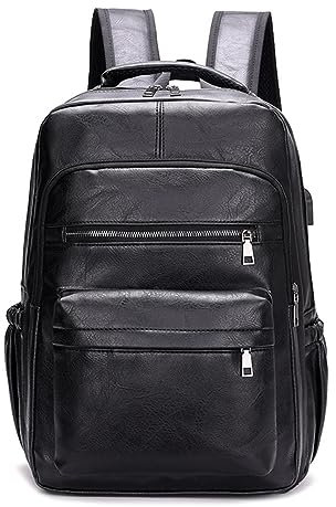 Laptop Backpack PU Leather Men, College Book Bag with USB Charging Port, Casual Bag, Large Capacity Computer Bag, Vintage Daypack Rucksack for Work Travel School Outdoor, Fits 15.6 Inch Laptop