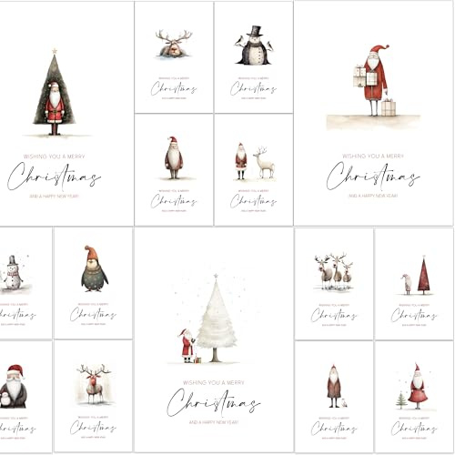30 Eco Friendly Whimsical Illustrated Christmas Cards 2025 with Recycled Red Envelopes