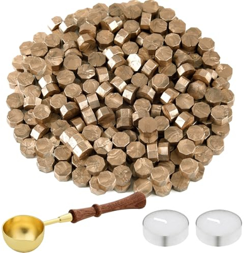 NEBURORA 200 piezas de perlas de cera para sellar, varias opciones de color para sellos de cera, con cuchara de cera y 2 velas de té, kit de sellos de cera octagonales para tarjetas y sobres