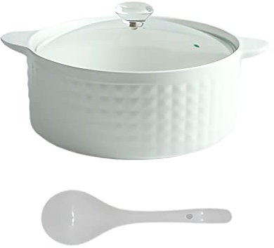 White Ceramic Soup Tureen Set with Glass Lid Ladle and 2L Porcelain Bowls Elegant Kitchen and Restaurant Serving Set for Soup and Stews