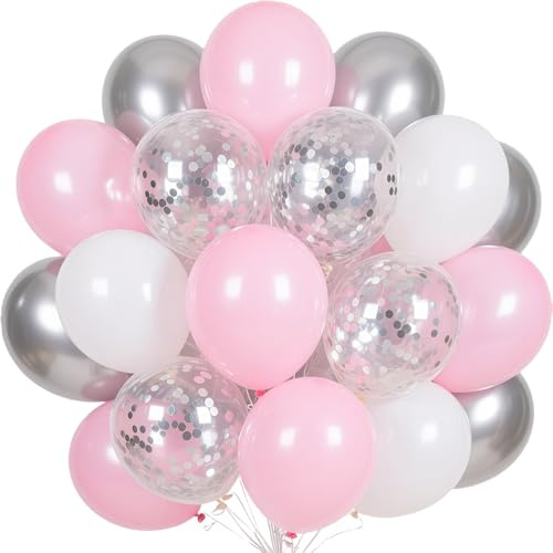 Ballonger rosa vitt silver 60 stycken, 30 cm silver konfetti latexballonger, pastellrosa vita ballonger, silver metalliska heliumballonger för flickor födelsedagsdekoration festdekoration