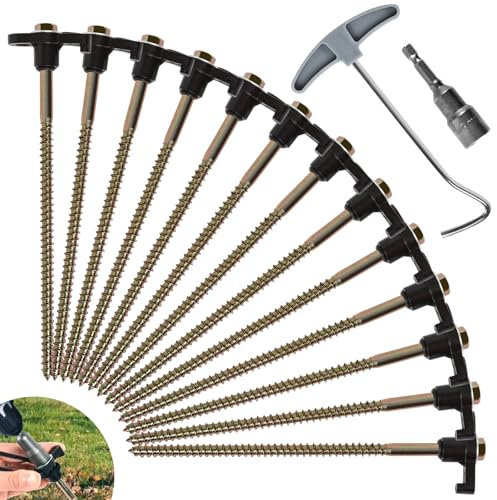 OFFOF 12 Pack Heavy Duty Metal Tent Pegs – Rotating Rock Pegs with Thread, Ground Anchors for Camping, Includes Drill Adapter & Nail Puller, Durable Steel Stakes for Garden, Canopies & Outdoor(black)