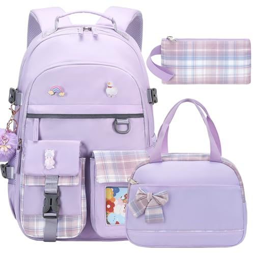 KIDNUO Backpack for Girls 15.6 Inch Laptop School Bag Kids Elementary College 3pcs Backpacks Lunch box Pencil Case Set Bookbags for Girls Teen Women Student Purple
