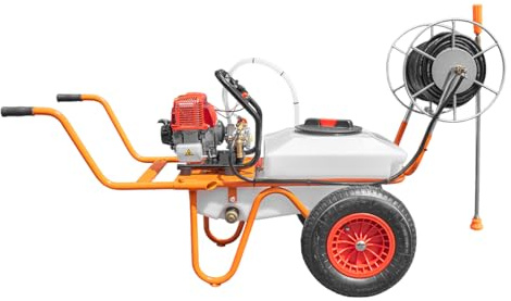 Bricoferr Carretilla sulfatadora de 2 Ruedas 31.5cc 50L con Manguera de 50 Metros y Lanza de 90 cm
