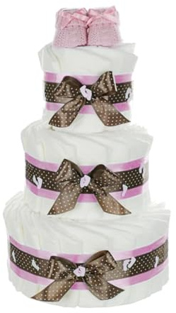 Grand gâteau de couches avec baby-boties roses | Cadeau de naissance, fête prénatale et baby shower / 3 étages