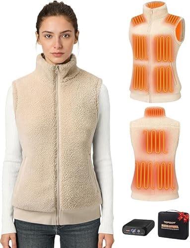 Topdot Gilet Riscaldato Donna con Batteria 7.4V 16000mAh, 10 Zone di Riscaldamento, Elettrico Gilet Termico Leggero con 5 Temperature per Ciclismo, Lavori All'aperto,Cachi,M