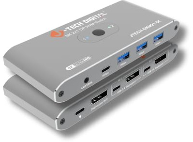 J-Tech Digital 8K DisplayPort 1.4 KVM Switch 2 Computers 1 Monitor, 8K@60Hz / 4K@240Hz Dual PC DP KVM Switcher with 4 USB 3.0 Ports (3 USB-A + 1 USB-C), Includes DP & USB Cables [JTECH-DKM21-8K]
