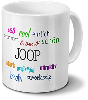 Tasse mit Namen Joop - Motiv Positive Eigenschaften - Namenstasse, Kaffeebecher, Mug, Becher, Kaffeetasse - Farbe Weiß