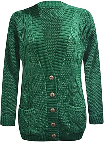 Purple Hanger New Womens Everyday Long Sleeve Button Top Ladies Chunky Aran Cable Knit Grandad Cardigan (8-10 SM, Bottle Green)