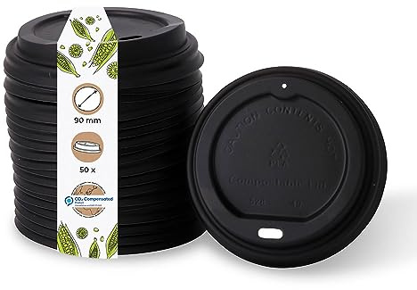 BIOZOYG Coffee To Go 50 st mugglock för pappersmuggar, 90 mm, 100 % biologiskt nedbrytbara, komposterbara, återvinningsbara mugglock med dryckeshål, svarta