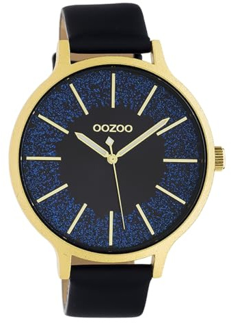 Oozoo Damenuhr mit Lederband 45 MM Goldfarben/Blau/Glitzer C10568