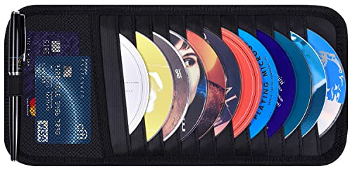 Car CD Case Holder, Wisdompro Vehicle Sun Visor Organizer for Cars with 12 DVD Storage Sleeves, 1 Mesh Pocket, 1 Pen Holder and Elastic Strap, Black