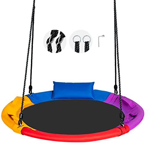 GYMAX Kids Nest Swing Seat,100cm Giant Round Tree Hanging Seat with Handle, Pillow and Adjustable Ropes, Children Saucer Swing for Backyard Garden Playground