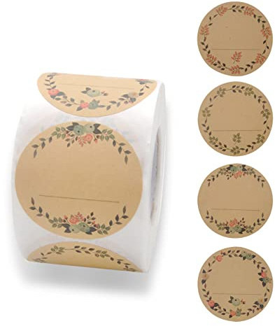 500 stycken etiketter självhäftande, VOSSOT presentklistermärken kraftpapper klistermärken blommor etikett för märkning, för presentpåsar, sylt, handgjorda produkter (4 motiv, 5 cm rund)