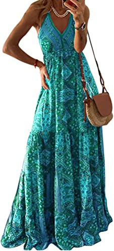 ORANDESIGNE Donna Vestito Lungo Estivo Elegante Stampa Floreale Senza Maniche Scollo all 'Americana Abito Autunnale Senza Schienale Siancrato Sexy Asimmetrico C Blu XXL