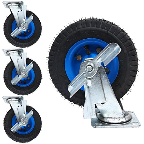 WORDFUN Casters Set of 4 Heavy Duty 8 Inch/10 Inch Rubber Caster Wheel, with Side Brakes Double Ball Bearing Mute Castors, for Wheelbarrow/Hand Truck/Tool Cart/Garden Carts (Size : Ø 8in/200mm)