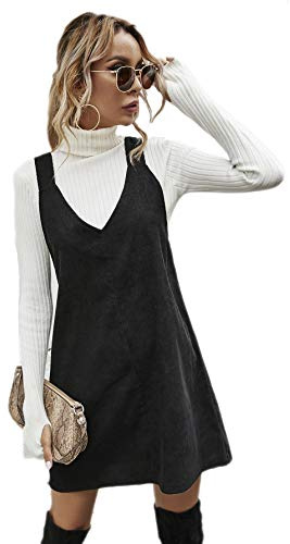 Floerns Women's Casual V Neck A Line Corduroy Pinafore Overall Dress A Black XS