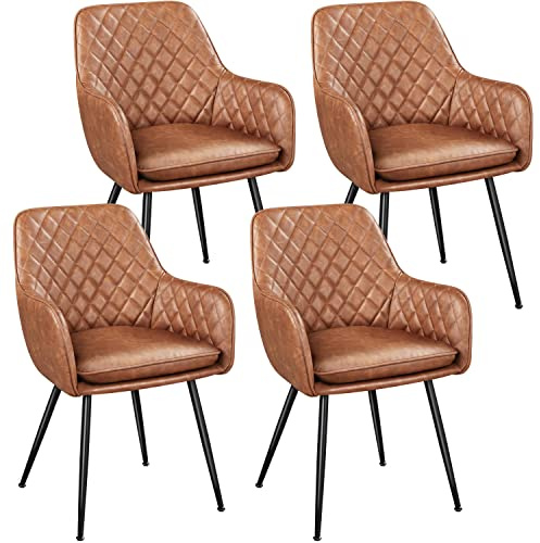 Yaheetech Dining Chairs Set of 4 Kitchen Upholstered Leather Chairs with Metal Legs for Dining Room Living Room Lounge, Retro Brown