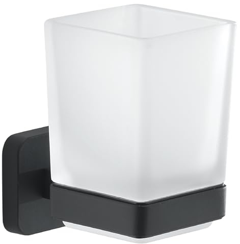 GEDY | Porta Spazzolino Tonga, Bicchiere Porta Spazzolino in Acciaio Inox, Cromall e Vetro Satinato, Fissaggio con Viti Incluse o Biadesivo, Nero Matt, 6,4x9,7x10,5cm