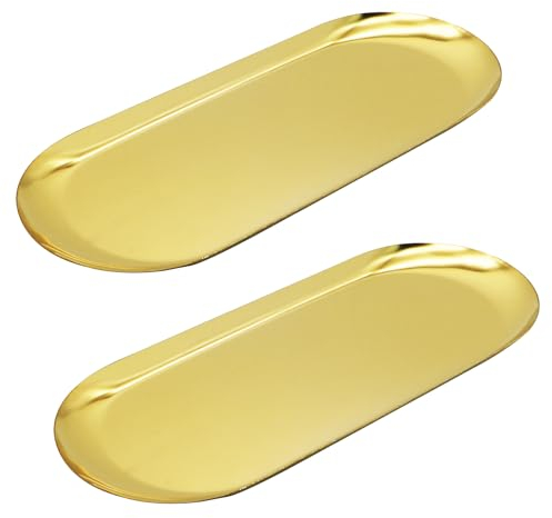 Edelstahl Dekoratives Tablett Schmuckschale 2 Stück 30 x 12 cm Gold Ovales Schminktisch-Tablett Kleines Kosmetiktablett Handtuchhalter Schmucktablett für Küche Badezimmer Waschtisch Büro