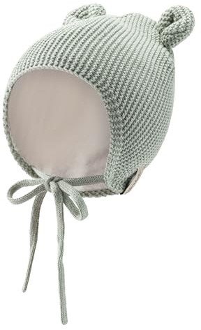 Sterntaler Strickmütze Ohren - Unisex Babymütze aus Baumwolle (Bio) - warme Kindermütze mit Ohren, Ohrenklappen und Bindebändern - steingrün, Größe 47