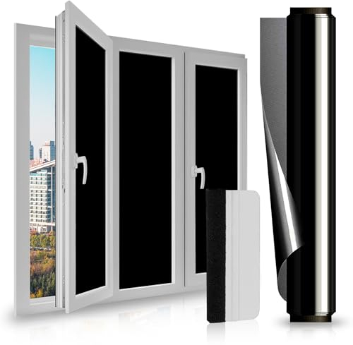 LULUETPUE Fensterfolie Schwarz Verdunkelungsfolie, Blickdicht Fenster Sonnenschutz Spiegelfolie, Fensterfolie Selbsthaftend UV-Schutzfolie für Schlafzimmer Badzimmer, 40 * 200CM