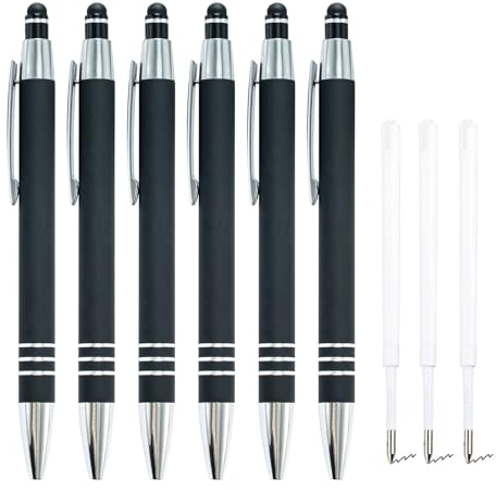 ENLACE Hochwertig Kugelschreiber Set 6 Stück Ergonomischer Kugelschreiber Metall Kulli mit Rutschfeste Griffzone, Druckkugelschreiber mit 10 Stück Kugelschreiberminen für Büro Haushalt, Schwarz