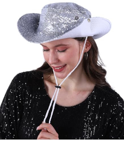 Awlsyj paljett hinkhatt cowboy safari brett brätte UV-skydd vikbar strand resa fest hatt, Silver/vit, one size