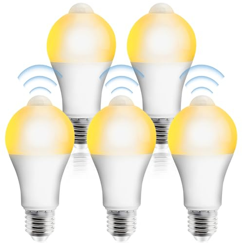 Behogan 5 stycken E27 LED-lampor med PIR-rörelsesensor, 12 W, varmvit, 2 700 K, dimbar, 120° spridningsvinkel, energisparlampor för hall, garage, trappor, balkong