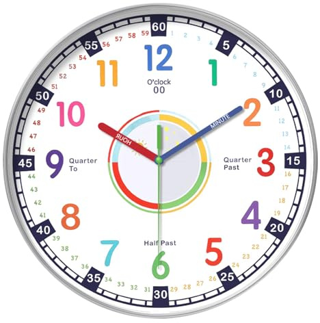 Palmcee Wall Clock, 10-Inch Colorful Clock Easy Reading, Quiet Early Learning Wall Clocks, Battery Operated Kitchen Wall Clocks Decoration clocks for Living Room Kids Room Bedroom Boys Gift