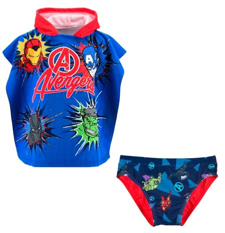 Marvel Los Vengadores Bañador y Toalla para Niño, Shorts de Baño Bañador y Toalla con Capucha Infantil, Talla 8 Años | Azul