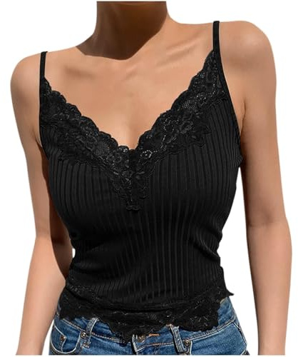 2025, canotta estiva da donna, con spaghetti, top in pizzo, scollo a V, canottiera estiva, senza maniche, elegante, casual, in tinta unita, basic