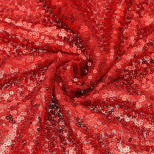 sourcing map Red Sequin Fabric, by the Yard, 1 Yard Length 4.3ft Wide Sequin Velvet Fabric Shiny Sparkly Cloth for DIY Sewing, Dress, Backdrop, Tablecloth, Table Runner